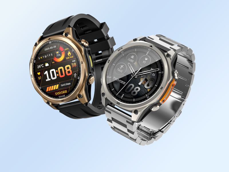 Two smartwatches on a light blue background