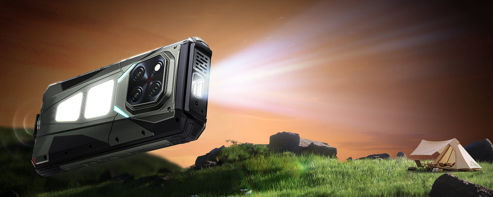 Rugged phone with a projector feature in a camping scene background