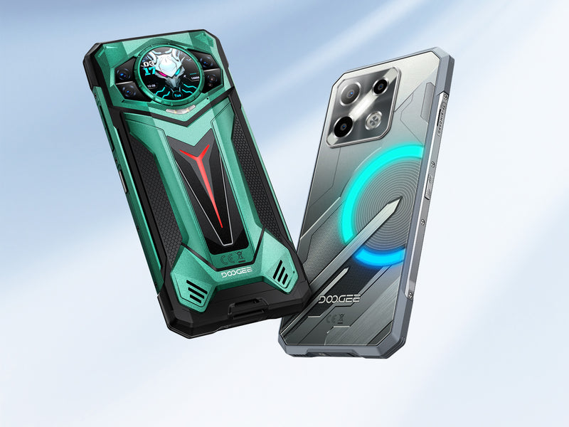 Two rugged smartphones, one green and one silver, on a light blue background