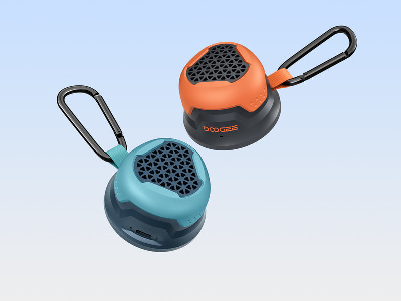 Two portable Bluetooth speakers, one blue and one orange, with black handles, on a light blue background.