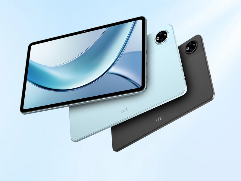 Two tablets, one silver and one black, on a light blue background