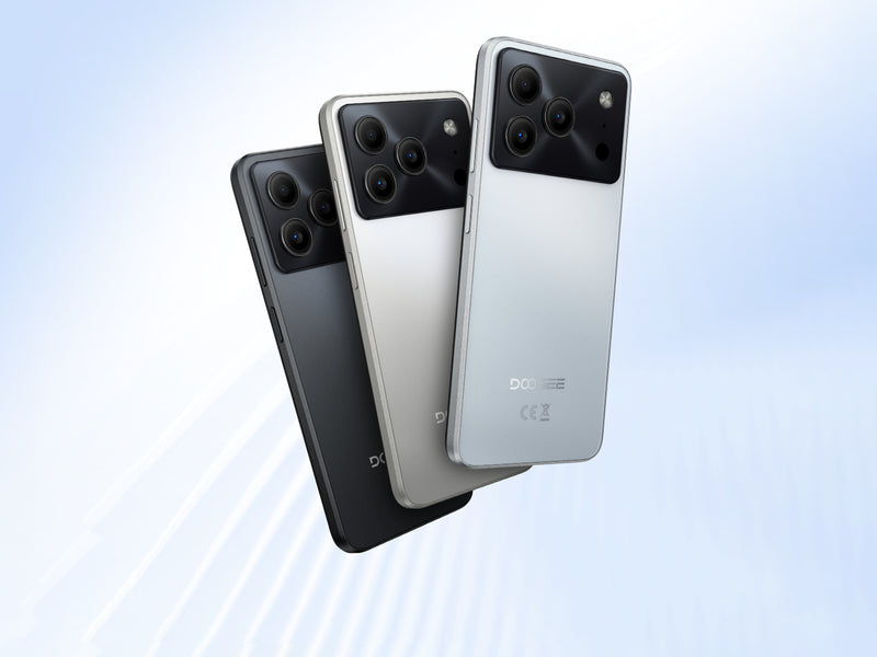 Three smartphones in black, silver, and gray on a light blue gradient background